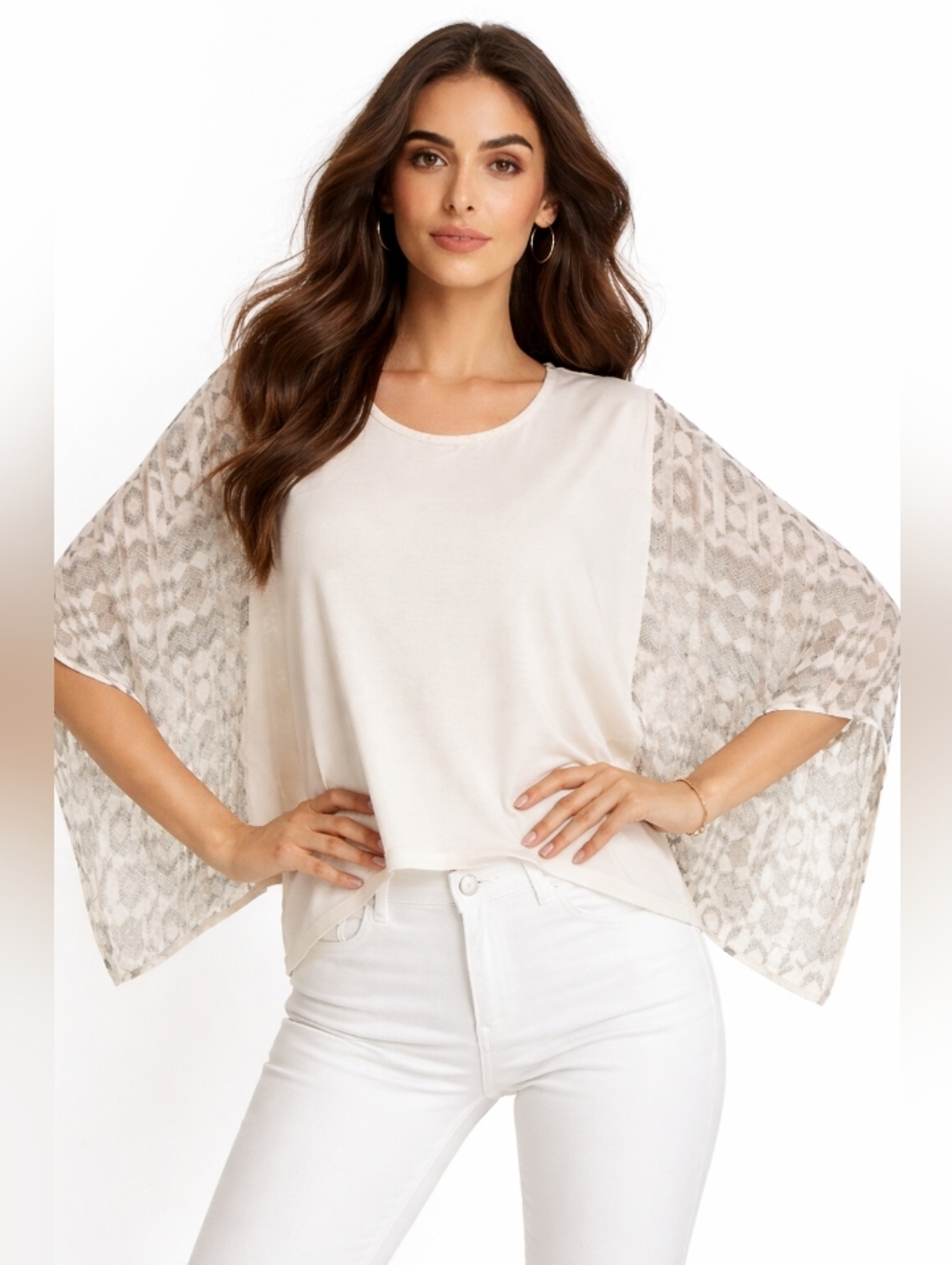 Belle Gray Womans Poncho Pullover Top Off White Black 1X